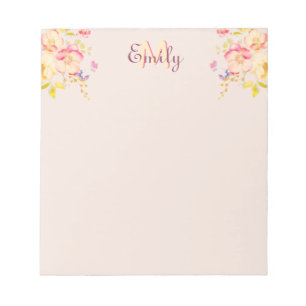 Watercolor Pink Yellow Roses, Monogram Notepad