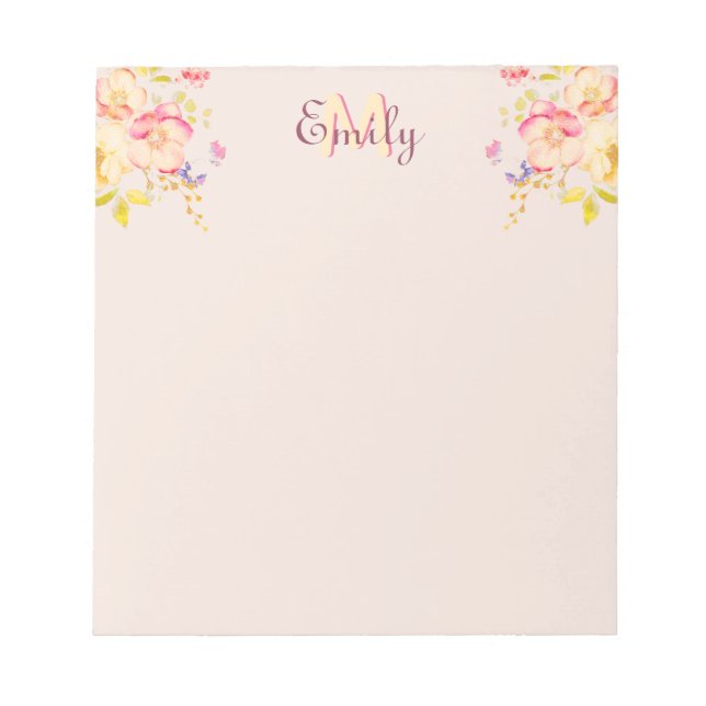 Watercolor Pink Yellow Roses, Monogram Notepad (Front)
