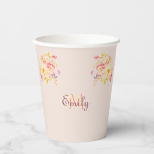 Watercolor Pink Yellow Roses, Monogram Paper Cups