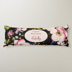 Watercolor Pink & Yellow Roses on Black, Birthday Body Cushion