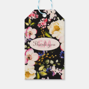 Watercolor Pink & Yellow Roses on Black, Birthday Gift Tags