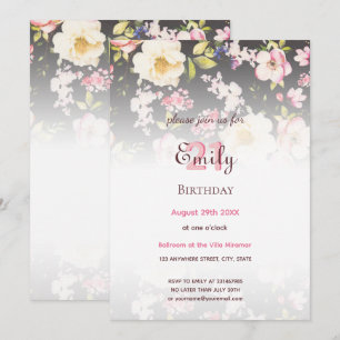 Watercolor Pink & Yellow Roses on Black, Birthday Invitation
