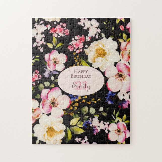 Watercolor Pink & Yellow Roses on Black, Birthday Jigsaw Puzzle (Vertical)