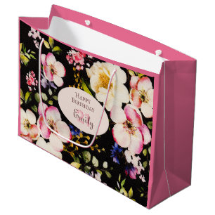 Watercolor Pink & Yellow Roses on Black, Birthday Large Gift Bag