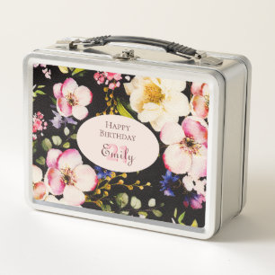 Watercolor Pink & Yellow Roses on Black, Birthday Metal Lunch Box