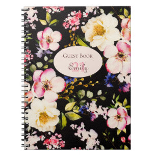 Watercolor Pink & Yellow Roses on Black, Birthday Notebook