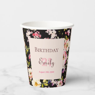 Watercolor Pink & Yellow Roses on Black, Birthday Paper Cups