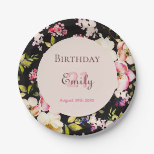 Watercolor Pink & Yellow Roses on Black, Birthday Paper Plate