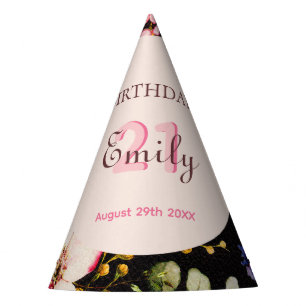 Watercolor Pink & Yellow Roses on Black, Birthday Party Hat