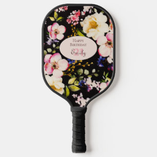 Watercolor Pink & Yellow Roses on Black, Birthday Pickleball Paddle