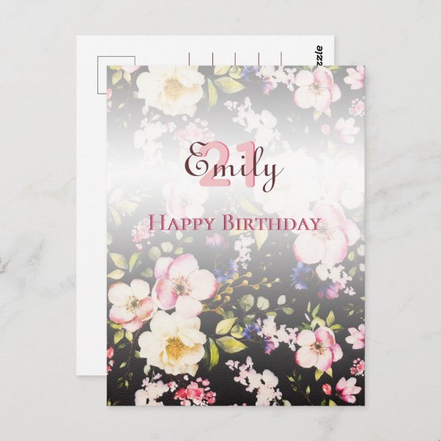 Watercolor Pink & Yellow Roses on Black, Birthday Postcard (Front/Back)