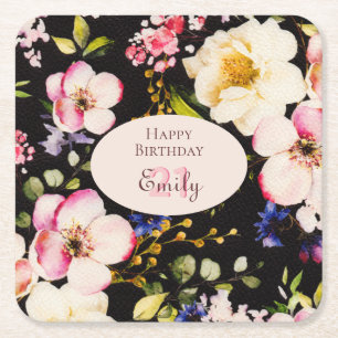Watercolor Pink & Yellow Roses on Black, Birthday Square Paper Coaster