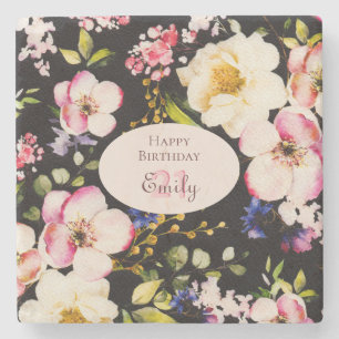 Watercolor Pink & Yellow Roses on Black, Birthday Stone Coaster