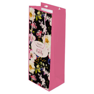 Watercolor Pink & Yellow Roses on Black, Birthday Wine Gift Bag