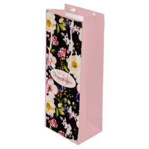 Watercolor Pink & Yellow Roses on Black, Birthday Wine Gift Bag