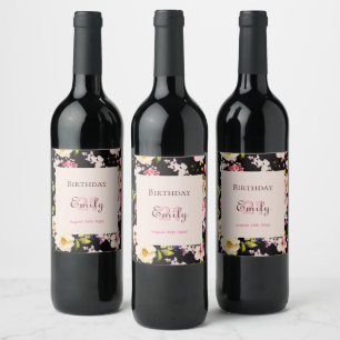 Watercolor Pink & Yellow Roses on Black, Birthday Wine Label