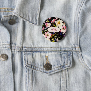Watercolor Pink Yellow Roses on black, Monogram 6 Cm Round Badge