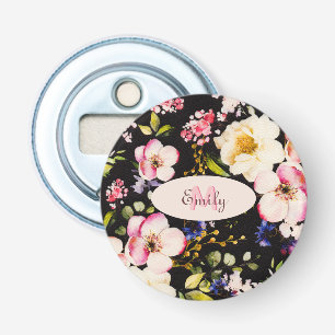 Watercolor Pink Yellow Roses on black, Monogram Bottle Opener