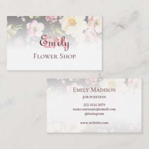 Watercolor Pink Yellow Roses on black, Monogram Business Card