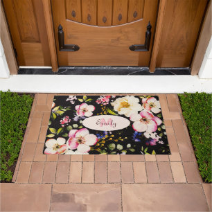 Watercolor Pink Yellow Roses on black, Monogram Doormat