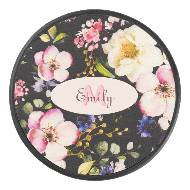 Watercolor Pink Yellow Roses on black, Monogram Hockey Puck (Front)