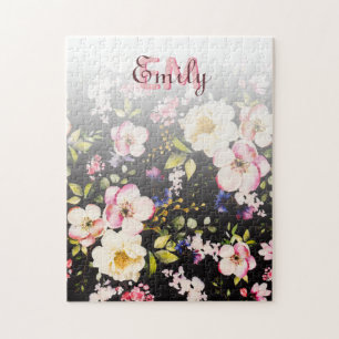 Watercolor Pink Yellow Roses on black, Monogram Jigsaw Puzzle