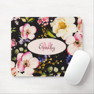 Watercolor Pink Yellow Roses on black, Monogram Mo Mouse Pad