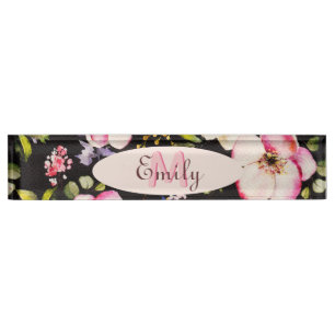 Watercolor Pink Yellow Roses on black, Monogram Nameplate