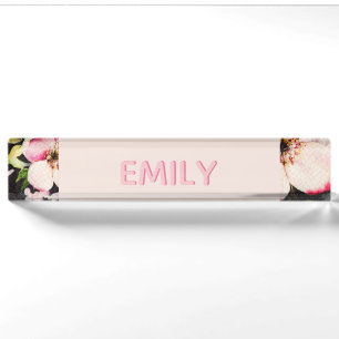 Watercolor Pink Yellow Roses on black, Monogram Nameplate