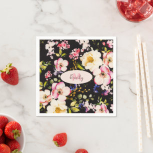 Watercolor Pink Yellow Roses on black, Monogram Napkin