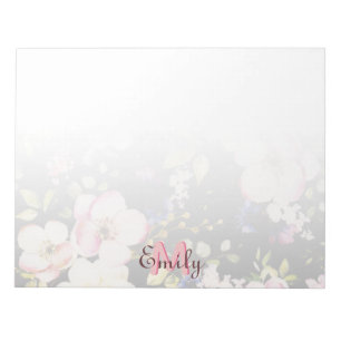 Watercolor Pink Yellow Roses on black, Monogram Notepad