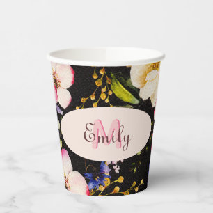 Watercolor Pink Yellow Roses on black, Monogram Paper Cups