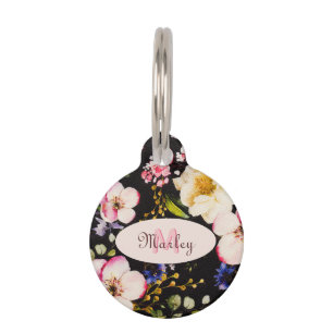 Watercolor Pink Yellow Roses on black, Monogram Pet Tag