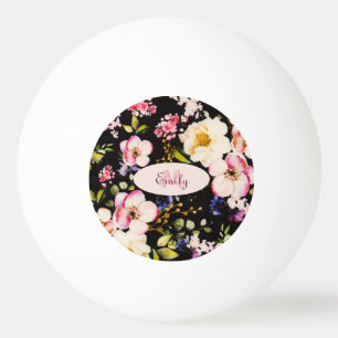 Watercolor Pink Yellow Roses on black, Monogram Ping Pong Ball