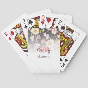 Watercolor Pink Yellow Roses on black, Monogram Playing Cards