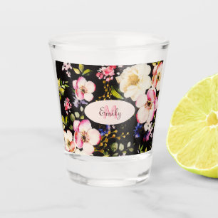 Watercolor Pink Yellow Roses on black, Monogram Shot Glass
