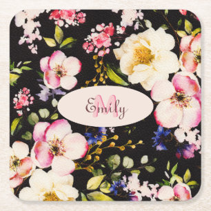 Watercolor Pink Yellow Roses on black, Monogram Square Paper Coaster