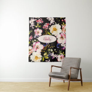 Watercolor Pink Yellow Roses on black, Monogram Tapestry
