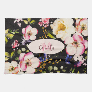 Watercolor Pink Yellow Roses on black, Monogram Tea Towel