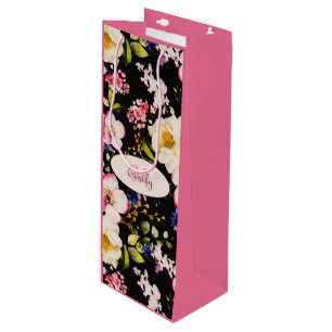 Watercolor Pink Yellow Roses on black, Monogram Wine Gift Bag