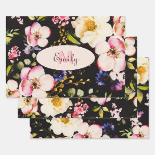 Watercolor Pink Yellow Roses on black, Monogram Wrapping Paper Sheet