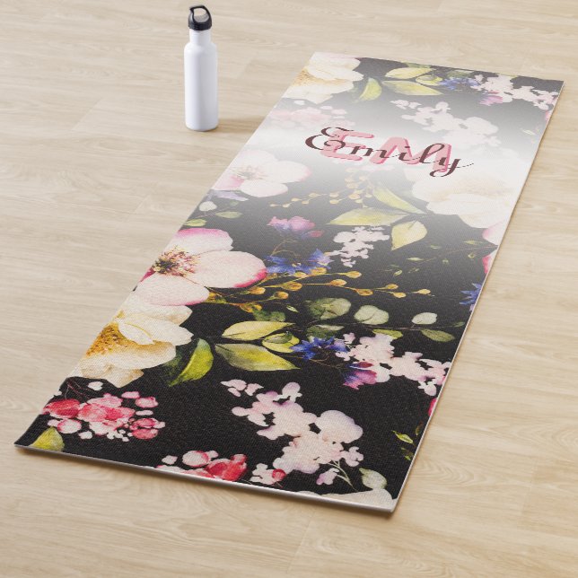 Watercolor Pink Yellow Roses on black, Monogram Yoga Mat (In Situ)