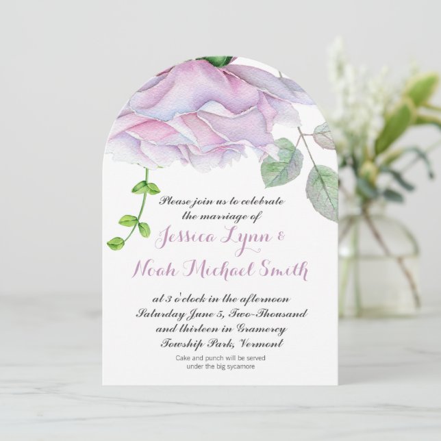 Watercolor Pinkish Purple Green Floral Wedding Invitation (Standing Front)