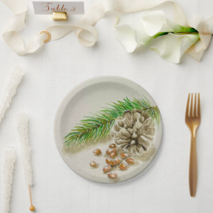 Watercolor Pinõn Nuts Pinecone New Mexico Paper Plate
