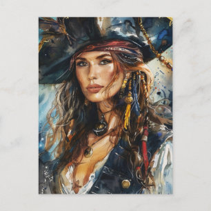 Watercolor Pirate Woman Portrait Postcard