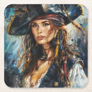 Watercolor Pirate Woman Portrait Square Paper Coaster