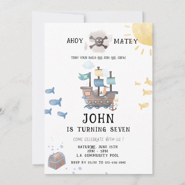 Watercolor Pirates Birthday Invitation (Front)