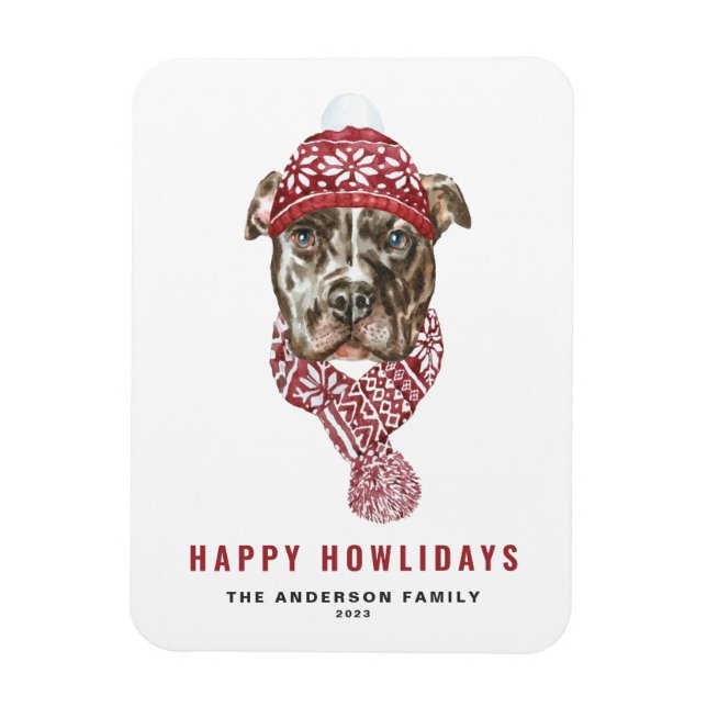 Watercolor Pitbull Christmas Happy Howlidays Magnet (Vertical)