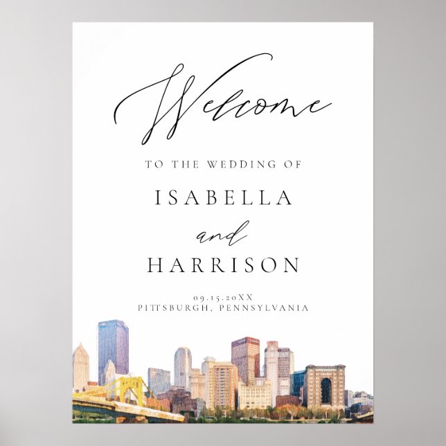 Watercolor Pittsburgh Skyline Wedding Welcome Sign (Front)