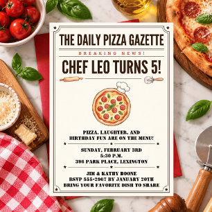 Watercolor Pizza chef Gazette Newspaper Birthday Invitation